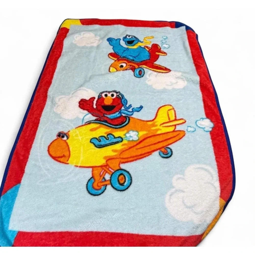 2009 Sesame Street Elmo Cookie Monster Airplane Baby Blanket 30x45 Plush